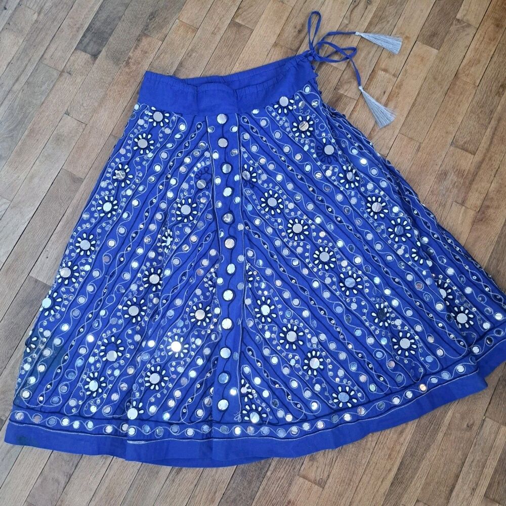 Soft Surroundings Small Blue Sequin Embroidered Beaded Maxi Skirt Resort Boho